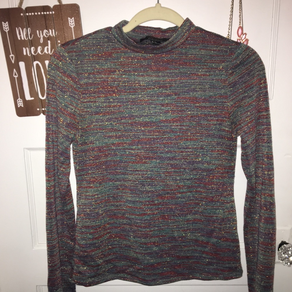 Striped Glittery Turtle Neck Long Sleeve Top